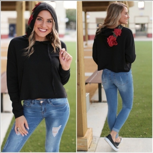 Black French Terry Cropped Floral Patched Hoodie - Picture 4 of 4